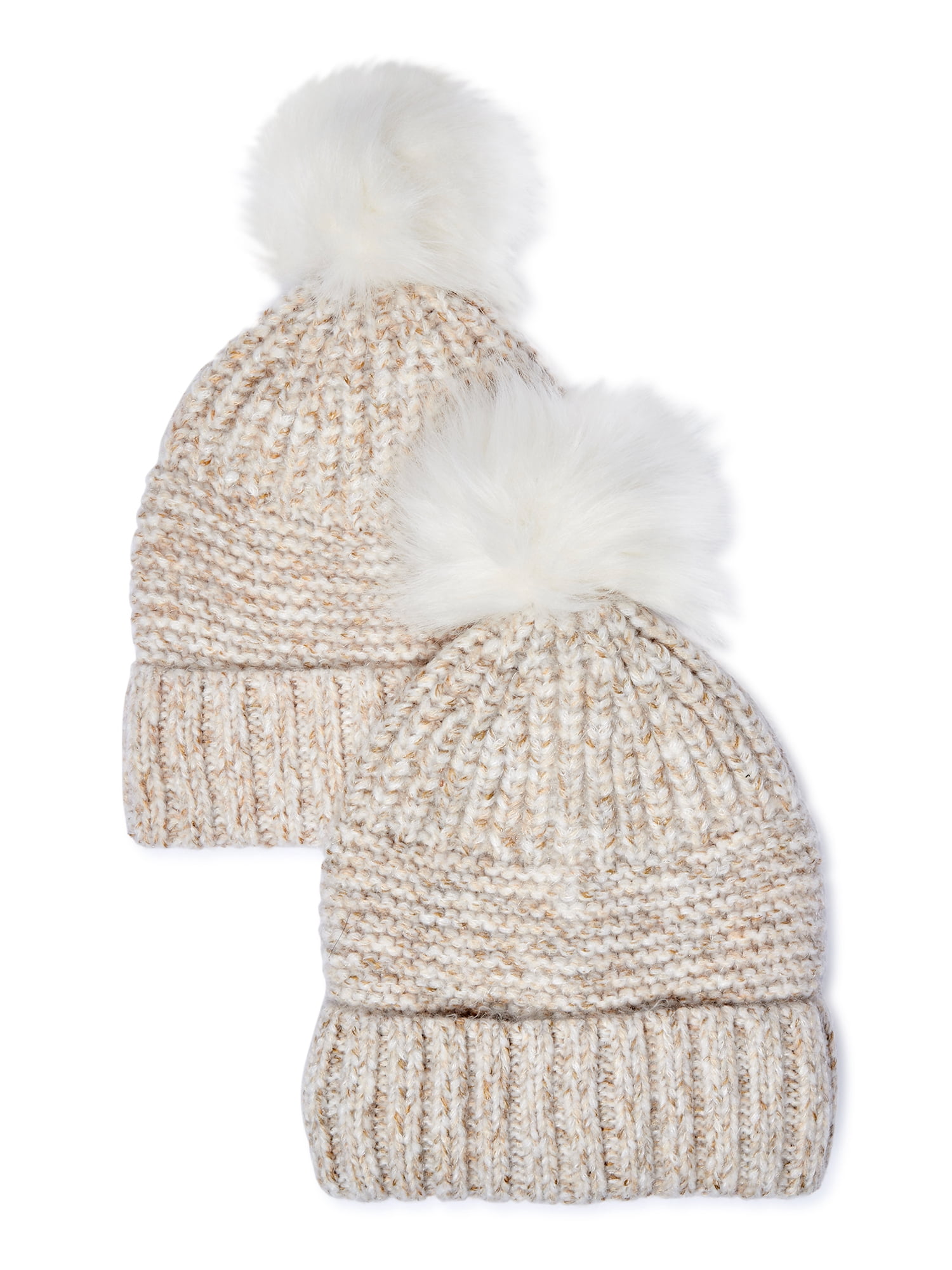 Adult Women's Knit Hat with Pom Pom, 2-Pack