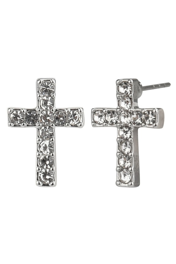 Adult Women's Silver Tone Crystal Cross Post Metal Earring