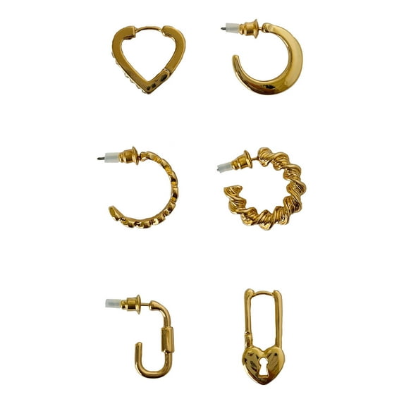 Time and Tru Basic Hoop Earrings, Gold, 6 Pairs Per Pack