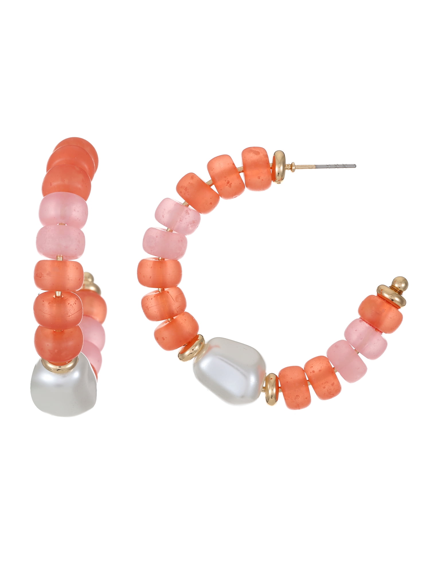 Time and Tru Beaded Hoop Earring, Pink, Coral and Simulated Pearl, 1 Pair