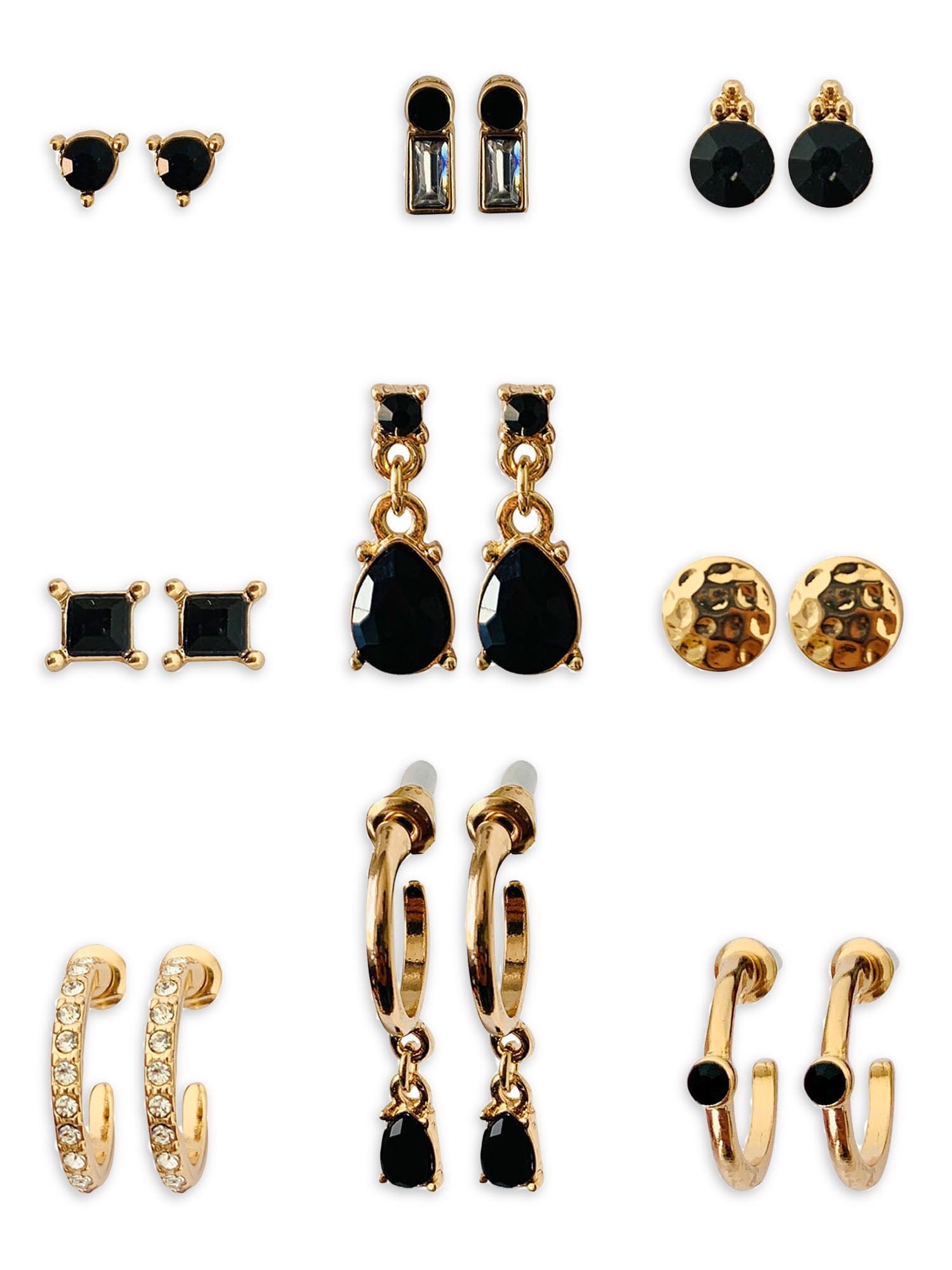 TIME AND TRU Black and Gold Stud and Hoop Earrings, Brass, 9