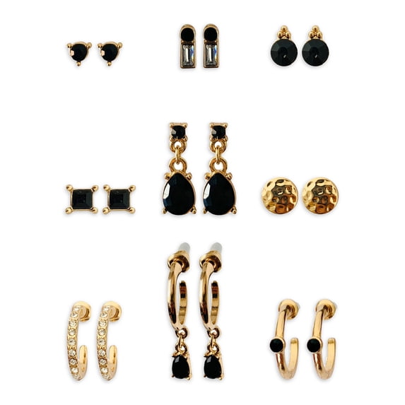 Time and Tru Black and Gold Stud and Hoop Earrings, Brass, 9
