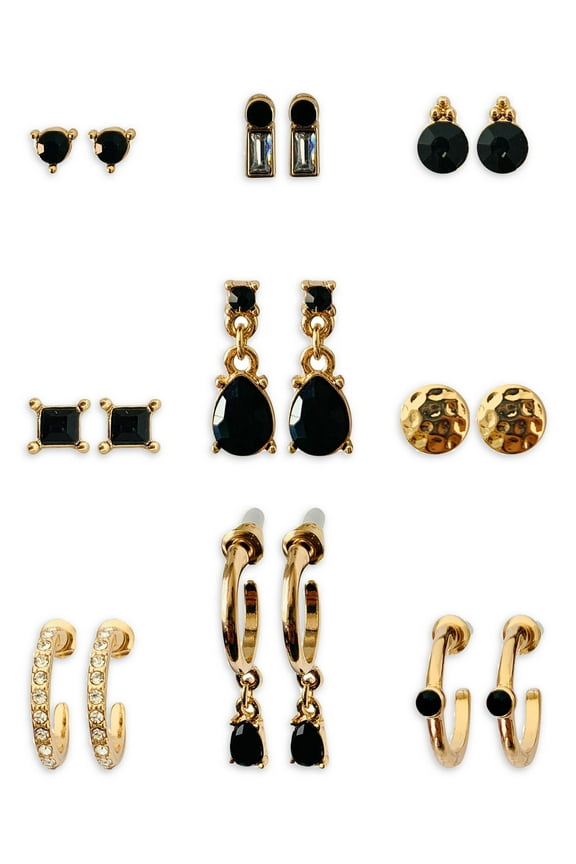 Black and Gold Stud and Hoop Earrings, Brass, 9