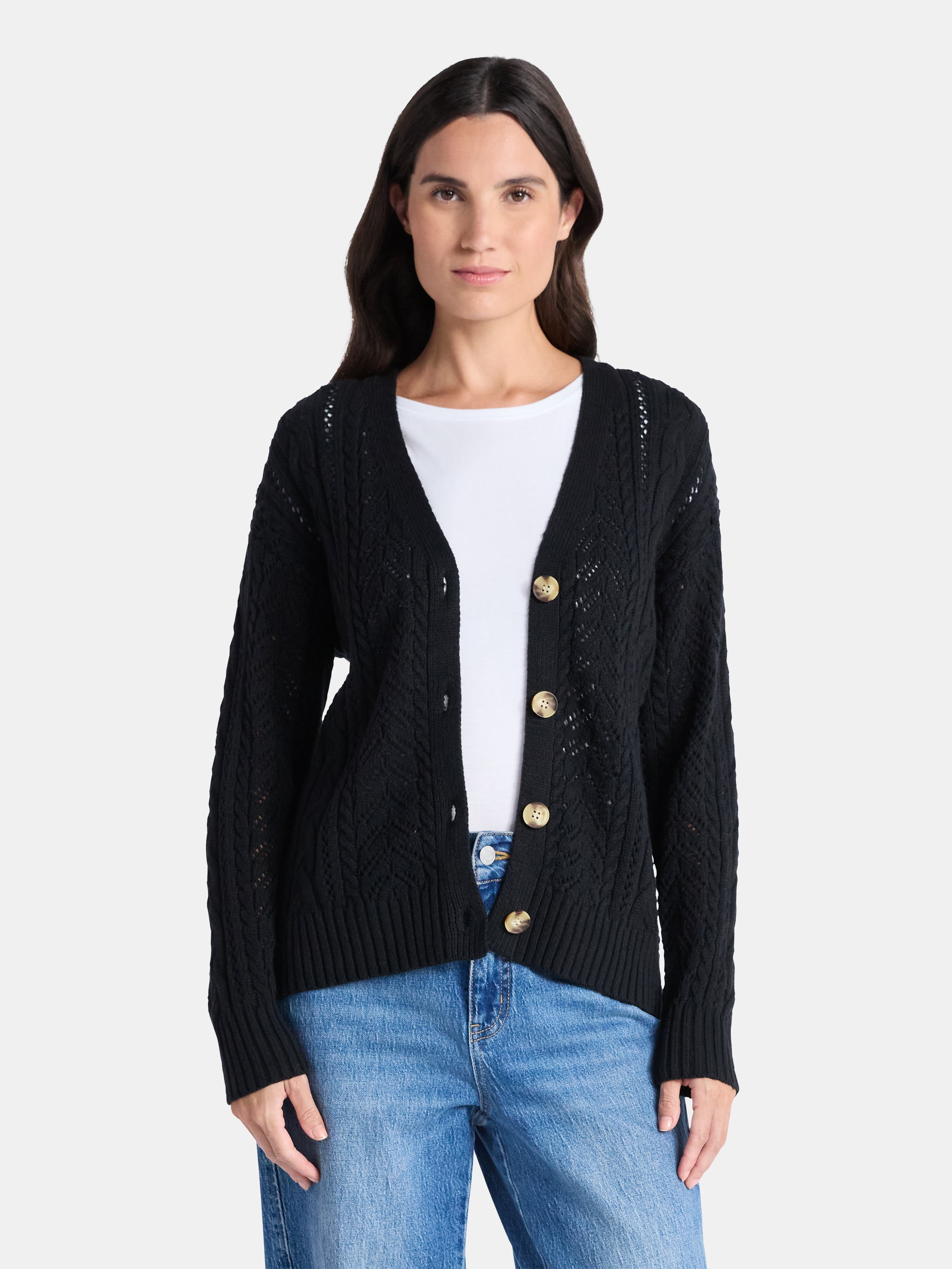 Time and Tru Women's and Women's Plus Cable Knit Cardigan Sweater, Lightweight, Sizes XS-4X