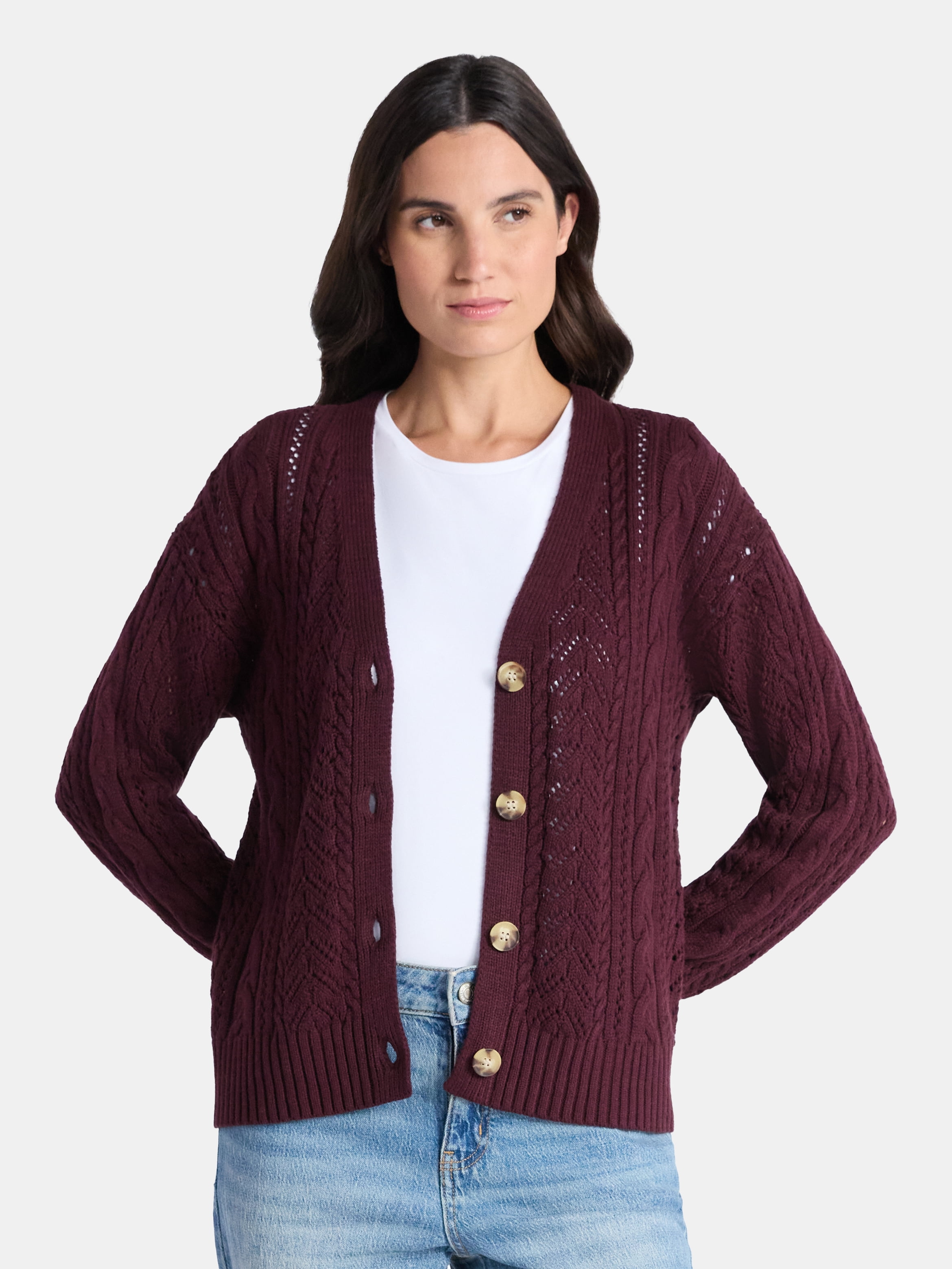 Time and Tru Women's and Women's Plus Cable Knit Cardigan Sweater