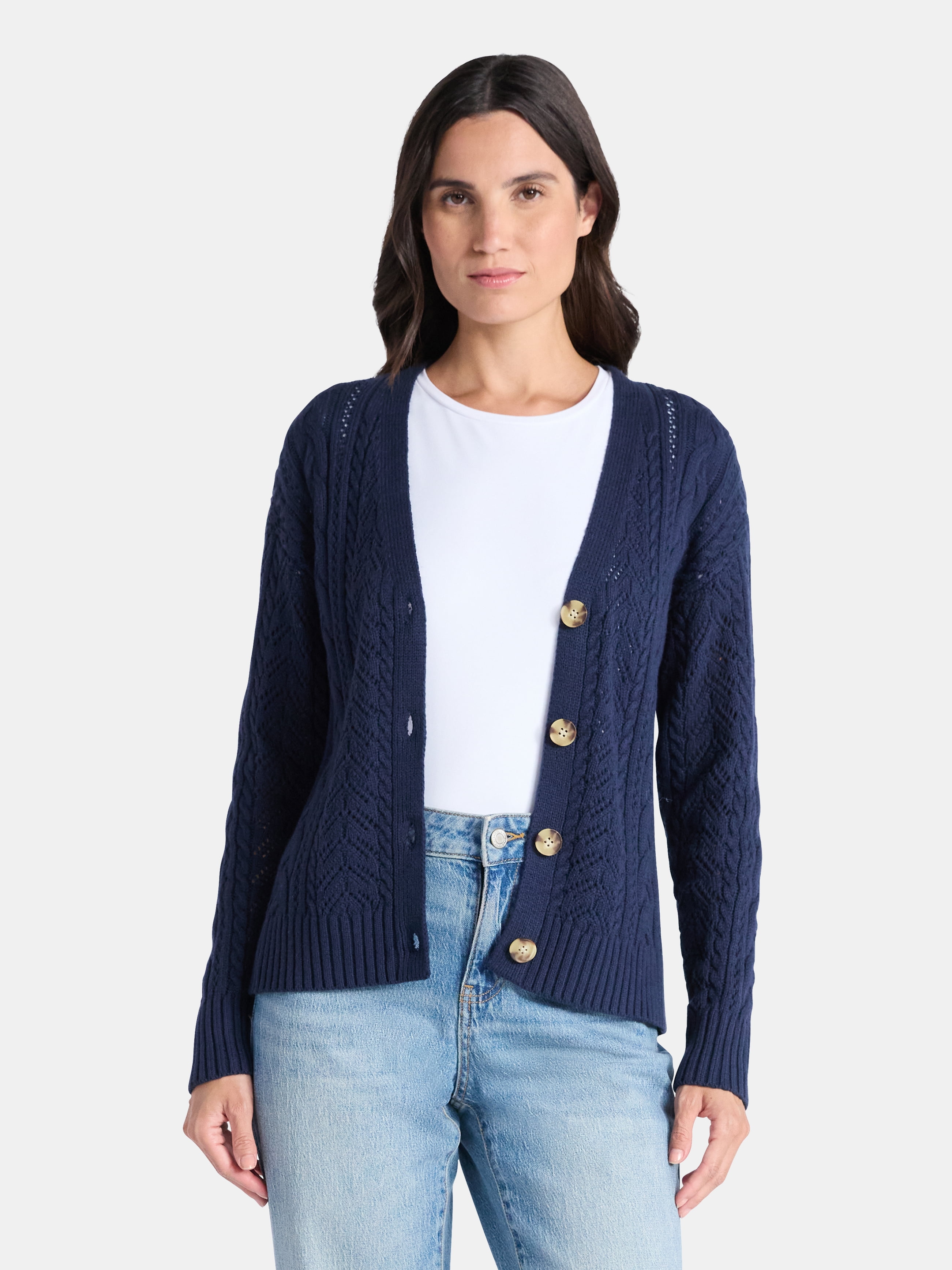 Time and Tru Women's and Women's Plus Cable Knit Cardigan Sweater