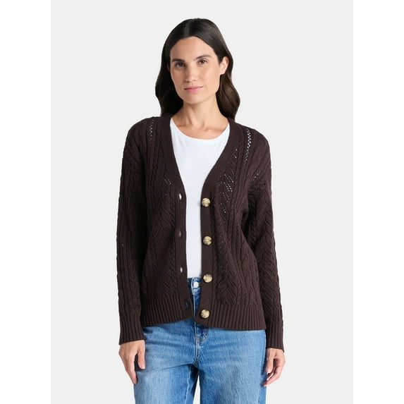 Time and Tru Women's and Women's Plus Cable Knit Cardigan Sweater, Lightweight, Sizes XS-4X