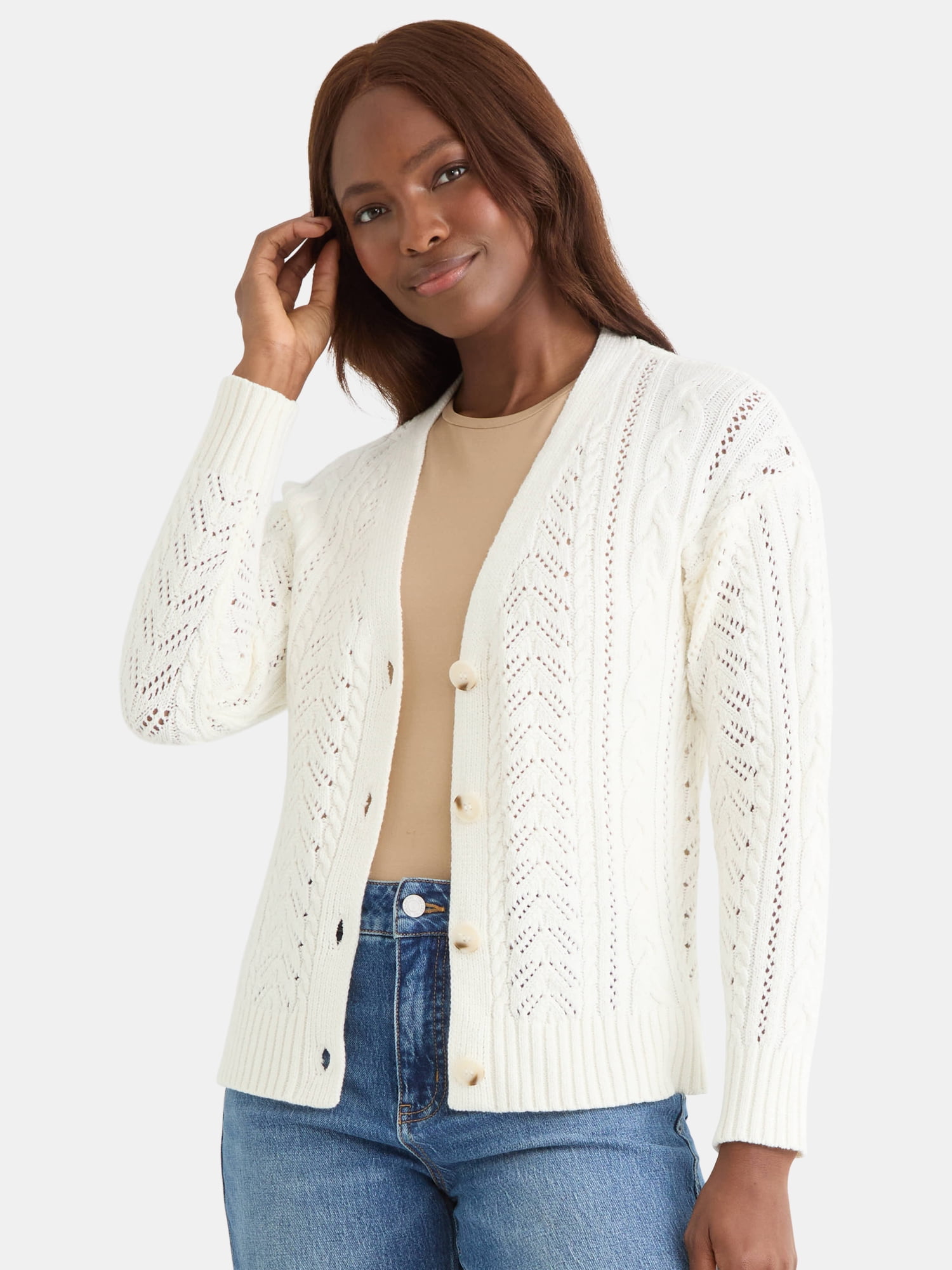 Time and Tru Women's and Women's Plus Cable Knit Cardigan Sweater, Lightweight, Sizes XS-4X
