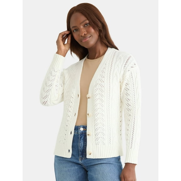 Time and Tru Women's and Women's Plus Cable Knit Cardigan Sweater, Lightweight, Sizes XS-4X