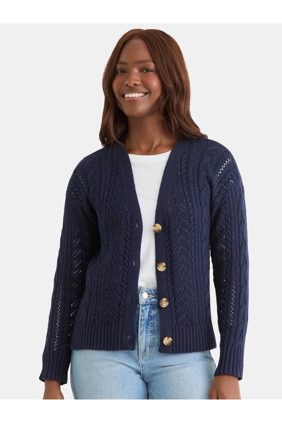 Women's and Women's Plus Cable Knit Cardigan Sweater, Lightweight, Sizes XS-4X