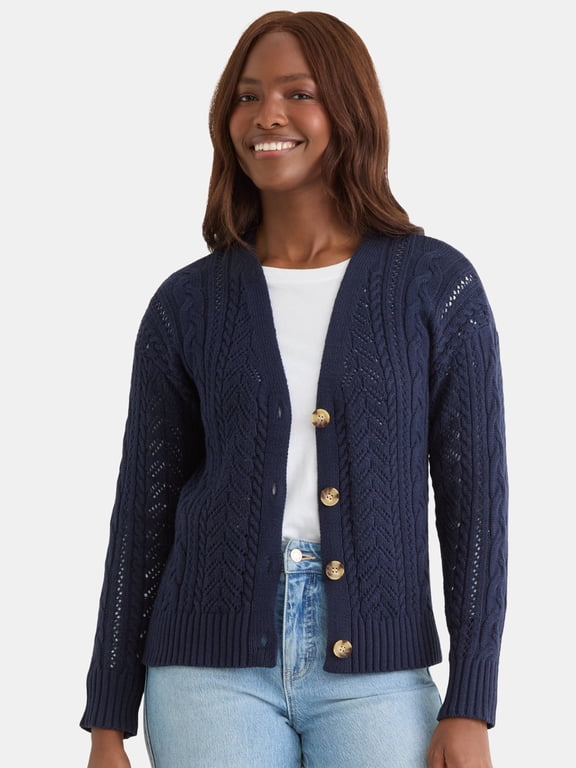 Women's and Women's Plus Cable Knit Cardigan Sweater, Lightweight, Sizes XS-4X