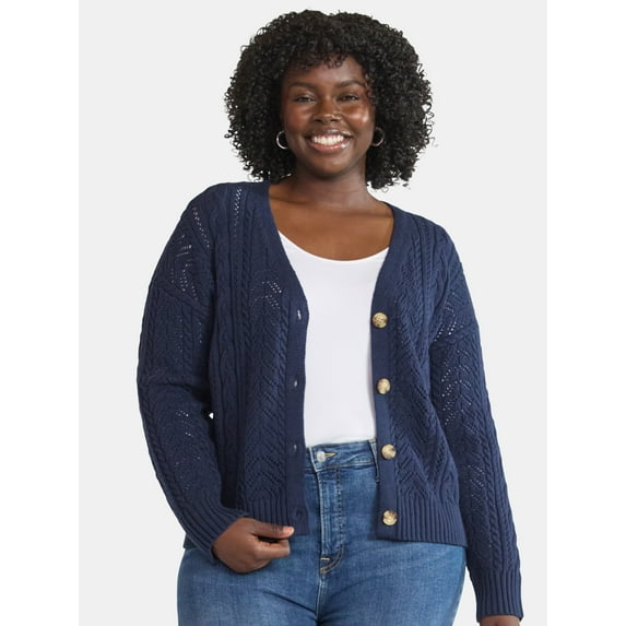 Time and Tru Women's and Women's Plus Cable Knit Cardigan Sweater, Lightweight, Sizes XS-4X