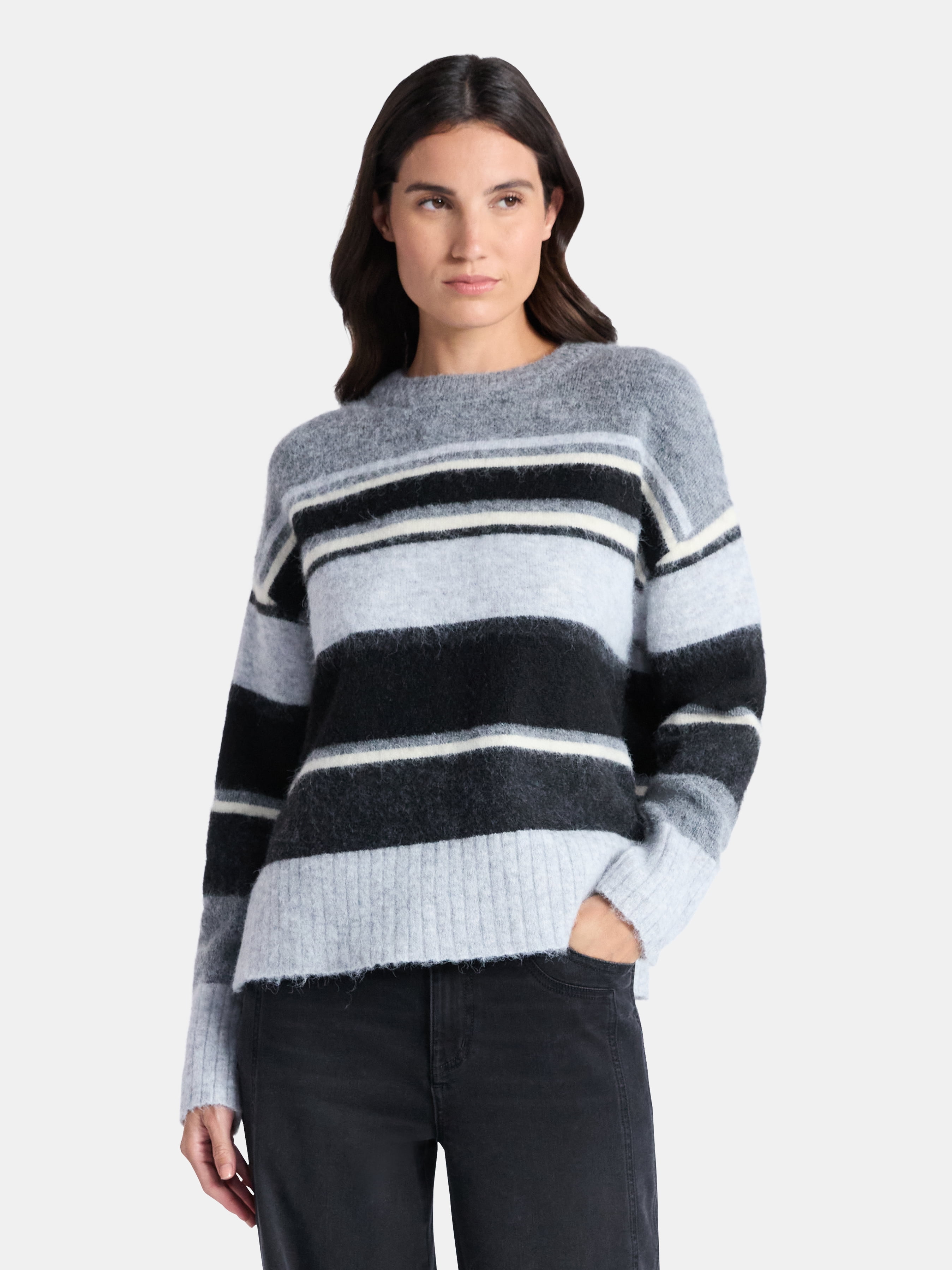 Time and Tru Women’s Brushed Stripe Sweater, Midweight, Sizes XS-XXXL