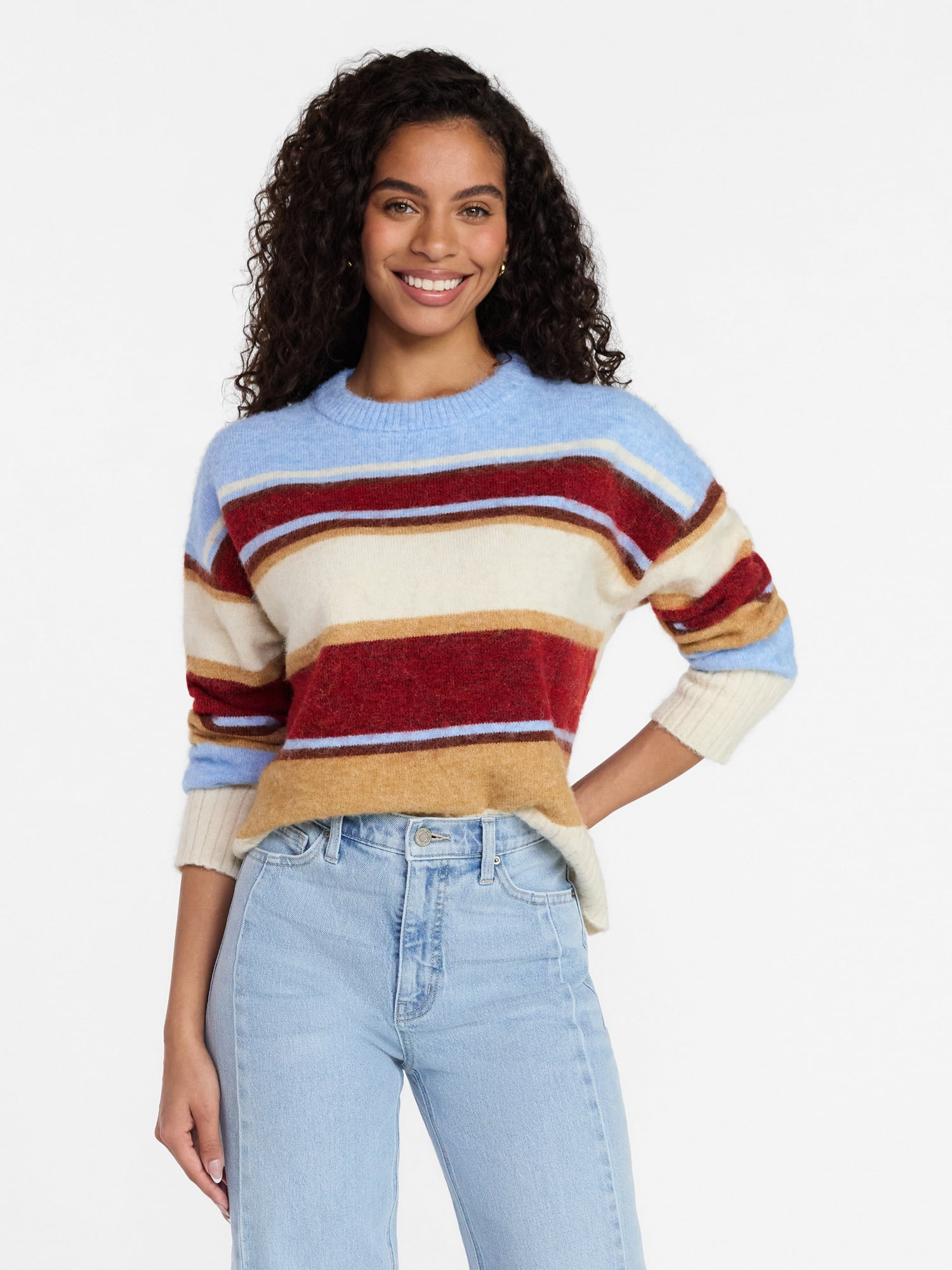 Time and Tru Women’s Brushed Stripe Sweater, Midweight, Sizes XS-XXXL