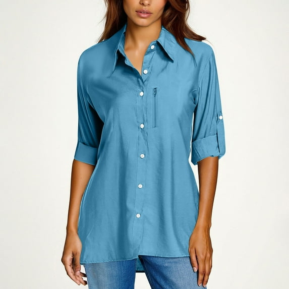 Time and Tru CaComMARK PI Women's UPF 50 Long Sleeve Sun Protection Shirts Quick Dry Outdoor Fishing Hiking Travel Shirt Blue S(S)