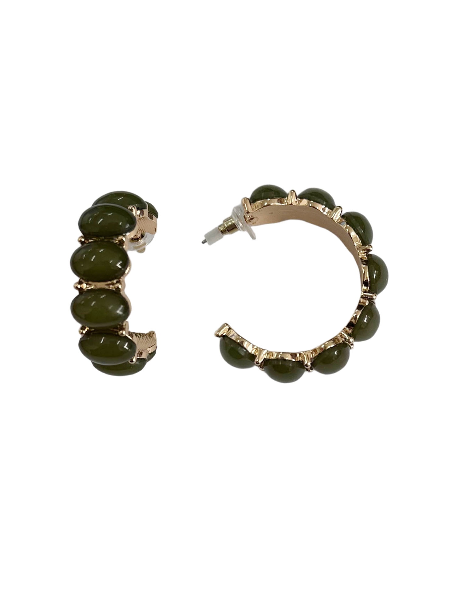 Time and Tru Cabochon C-Hoop Earrings Gold Plated and Green for Female Adults and Teens