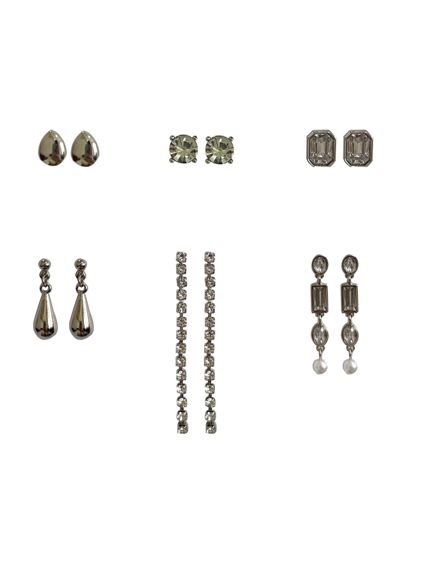 Time and Tru Celestial Stones Earrings on Ornament Shaped Card in Silver Rhodium for Female Adults and Teens, 6 Pack