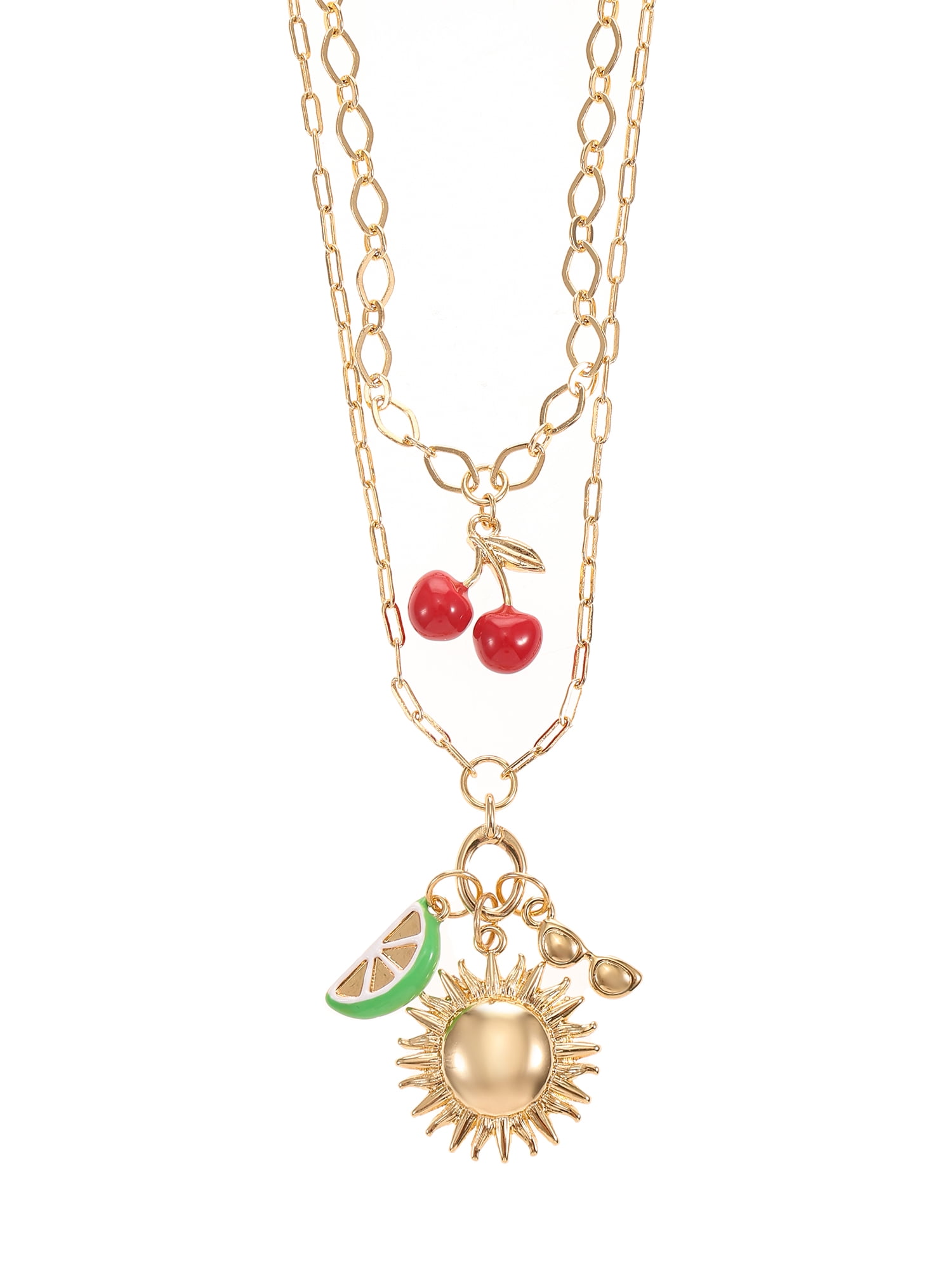 Time and Tru Cherry Charm Layered Necklace Set Goldtone