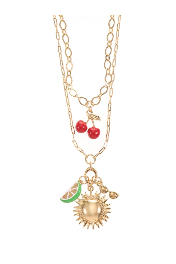 Cherry Charm Layered Necklace Set Goldtone
