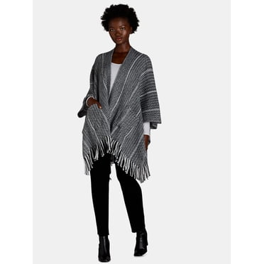 Time and Tru Women's Chevron Knit Fashion Ruana, One Size, Black White