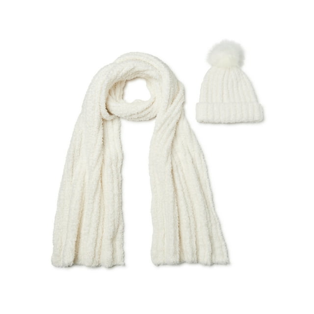 Time and Tru Cozy Ribbed Beanie with Pom and Scarf, 2-Piece Set