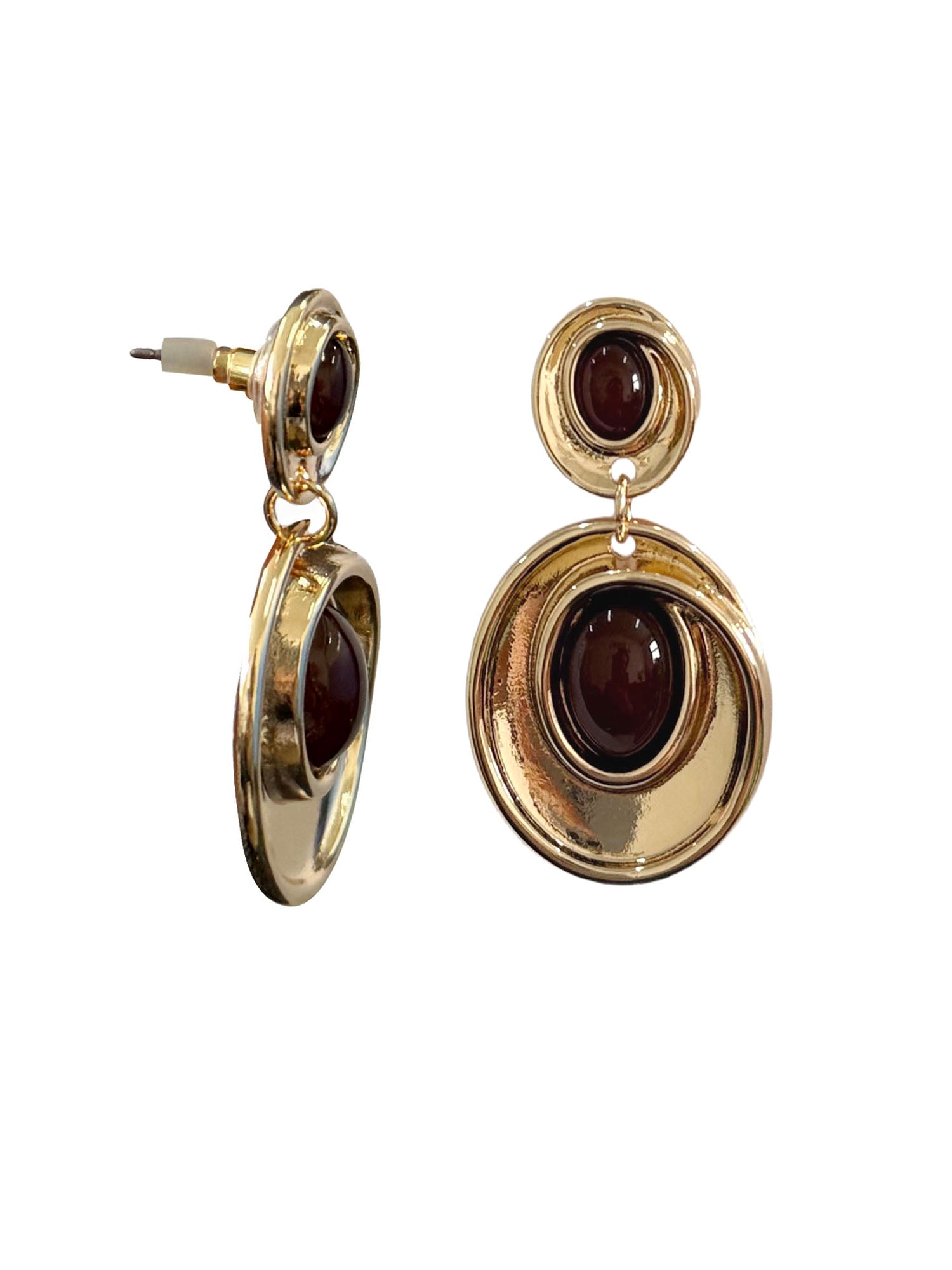 Time and Tru Double Circle Linear Earrings Gold Plated and Brown for Female Adults and Teens