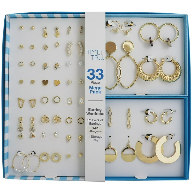 Time and Tru Earring Mega Pack with Storage Tray Gold Tone
