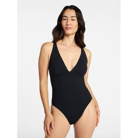Time and Tru Women's Ribbed Plunge One-Piece Swimsuit, Sizes XS-3X