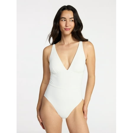 Time and Tru Women's Ribbed Plunge One-Piece Swimsuit, Sizes XS-3X