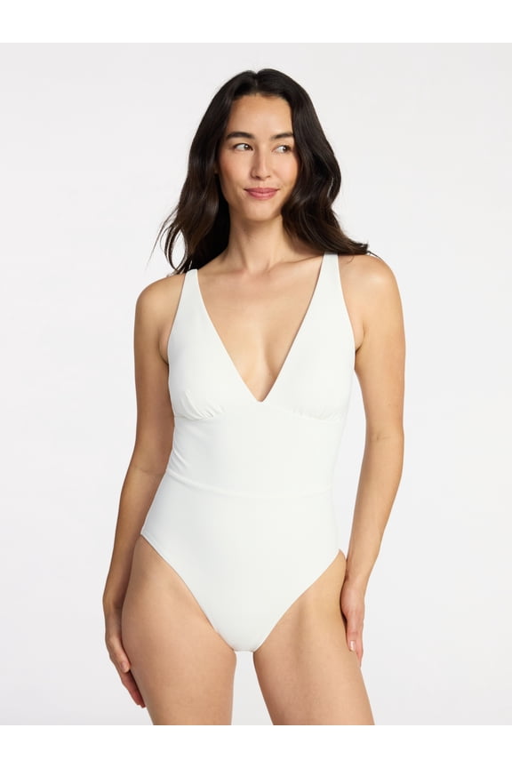 Women's and Women’s Plus Ribbed Plunge One-Piece Swimsuit, Sizes XS-3X