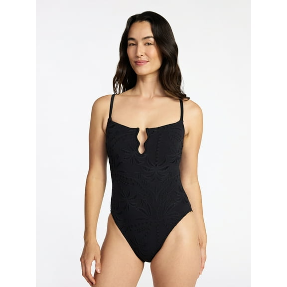 Time and Tru Women's and Women's Plus Size Eyelet Embroidered V Wire One Piece Swimsuit, Sizes XS-3X