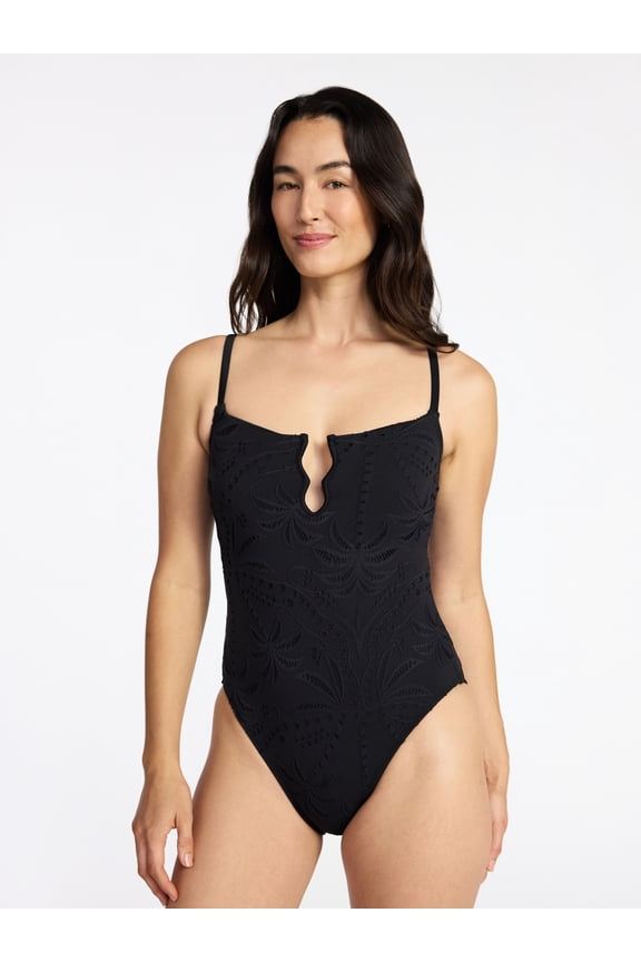 Women's and Women's Plus Size Eyelet Embroidered V Wire One Piece Swimsuit, Sizes XS-3X