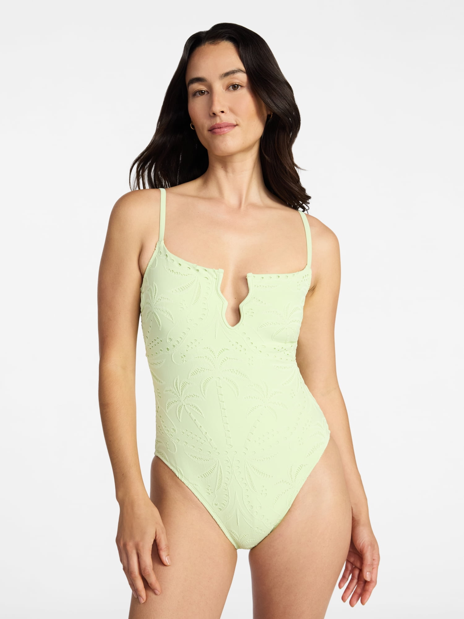 Time and Tru Women's and Women's Plus Size Eyelet Embroidered V Wire One Piece Swimsuit, Sizes XS-3X