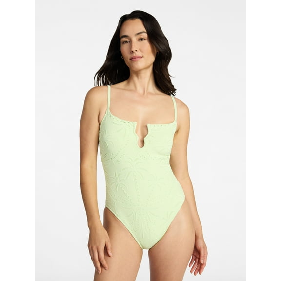 Time and Tru Women's and Women's Plus Size Eyelet Embroidered V Wire One Piece Swimsuit, Sizes XS-3X