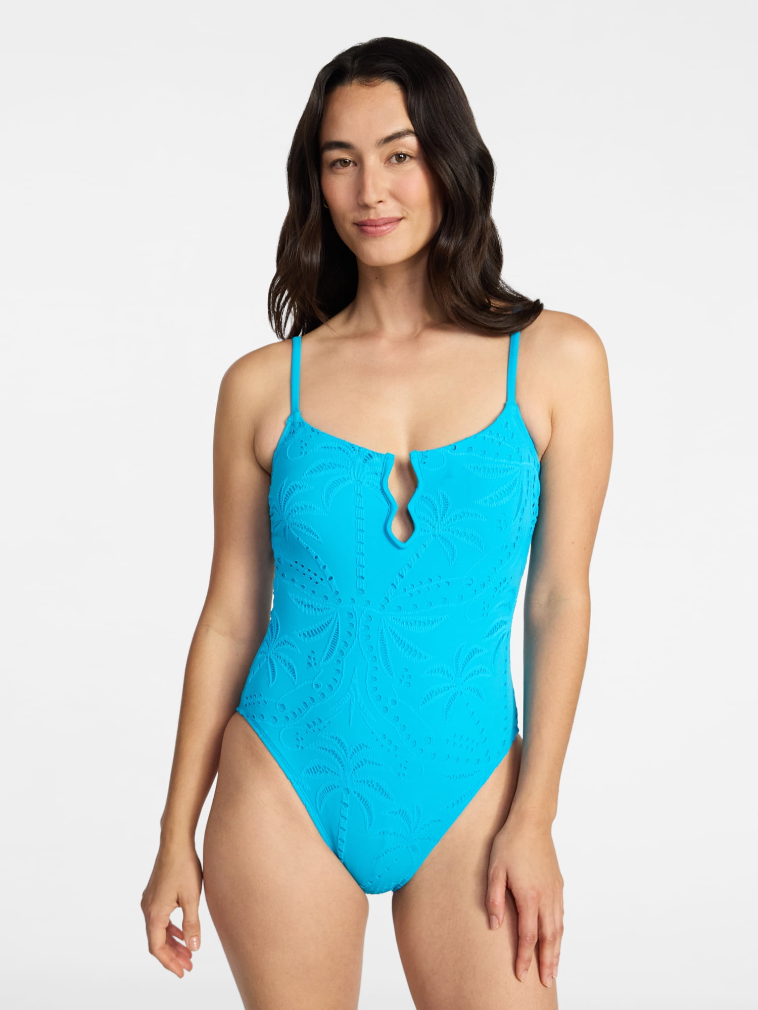 Time and Tru Women's and Women's Plus Size Eyelet Embroidered V Wire One Piece Swimsuit, Sizes XS-3X