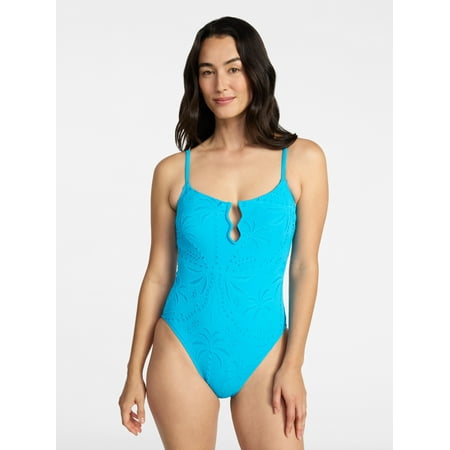 Time and Tru Women's Eyelet Embroidered V Wire One Piece Swimsuit, Sizes XS-3X