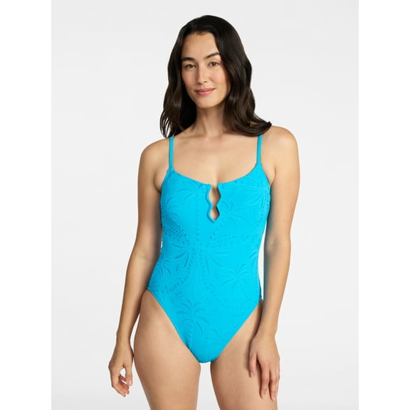 Time and Tru Women's and Women's Plus Size Eyelet Embroidered V Wire One Piece Swimsuit, Sizes XS-3X