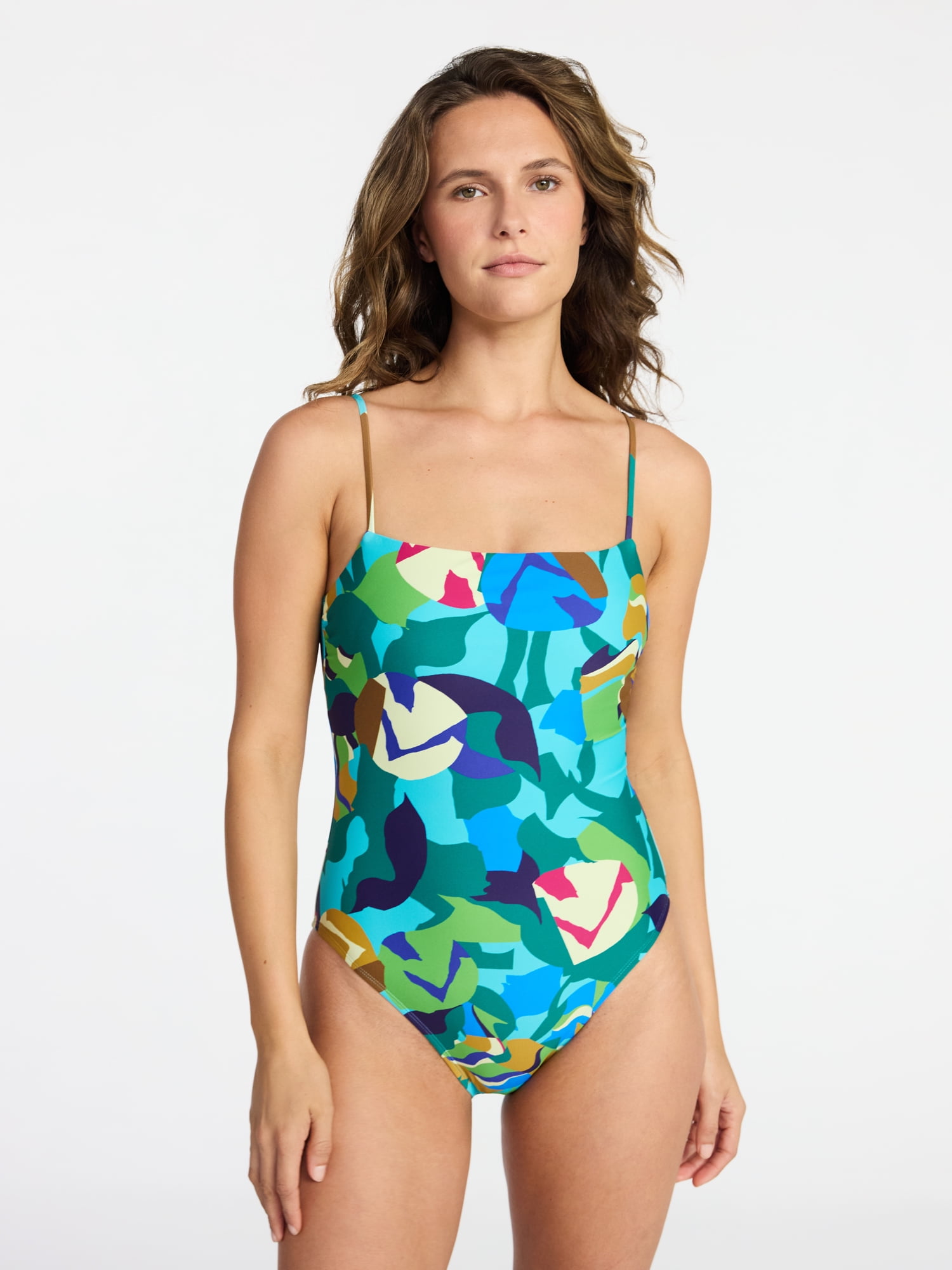 Time and Tru Women's and Women's Plus Size Square Neck One Piece Swimsuit, Sizes XS-3X, Family Swim
