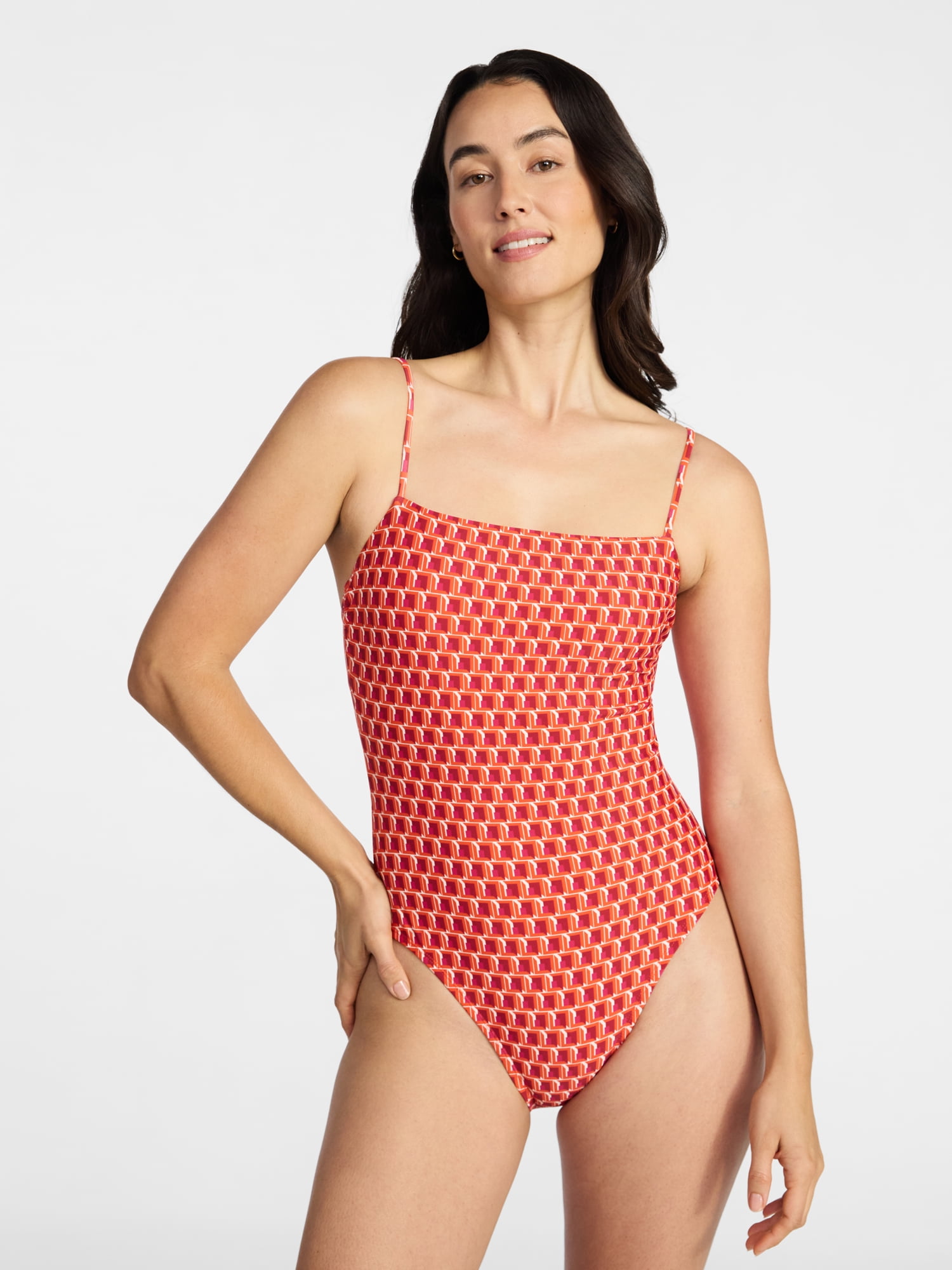 Time and Tru Women's and Women’s Plus Square Neck One-Piece Swimsuit, Sizes XS-3X, Family Swim