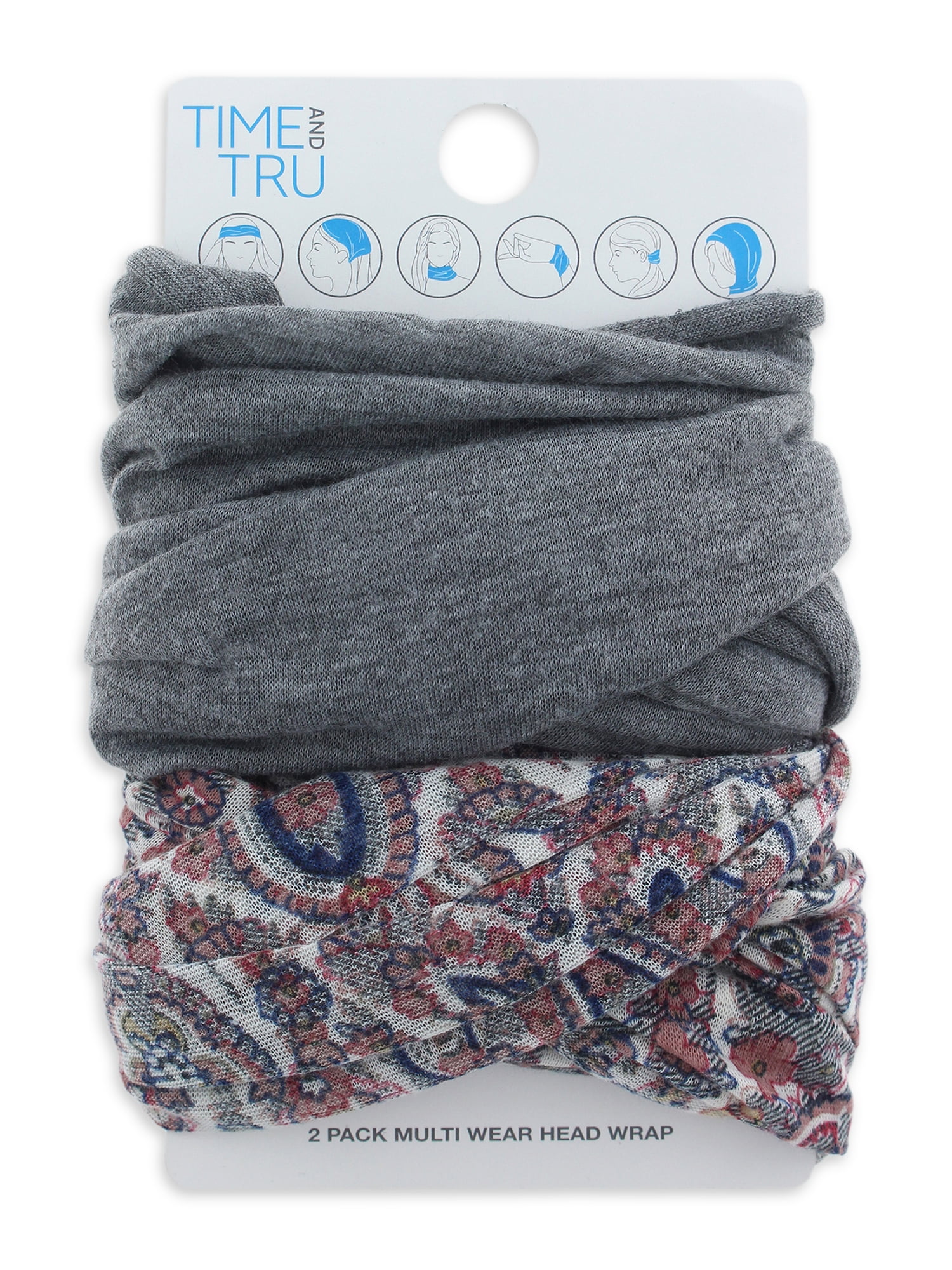 Time and Tru Fashion Headbands, Solid, 100% Polyester, Multi-functional, 2 Pack