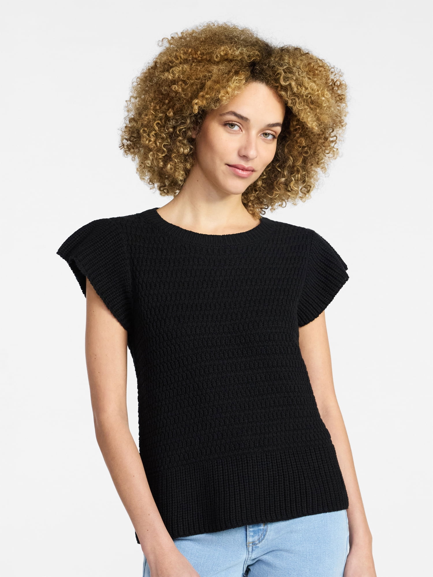 Time and Tru Women's Textured Sweater with Short Flutter Sleeves, Lightweight, Sizes XS-XXXL