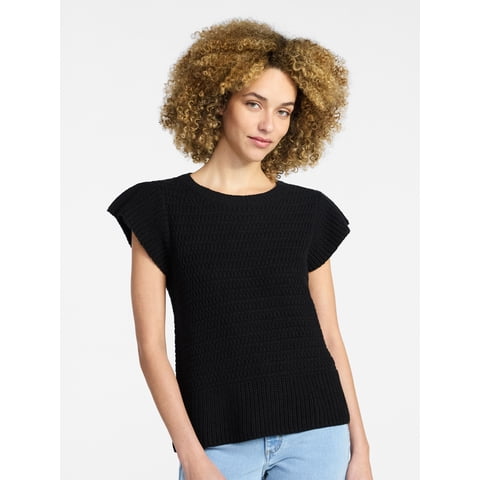 Women's Textured Sweater with Short Flutter Sleeves, Lightweight, Sizes XS-XXXL