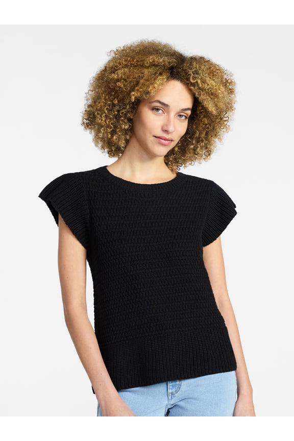 Women's Textured Sweater with Short Flutter Sleeves, Lightweight, Sizes XS-XXXL