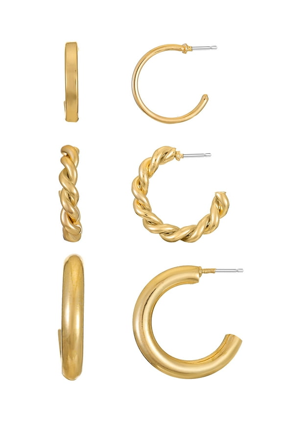 Gold Hoop Earring Trio for Women, 3 Pairs