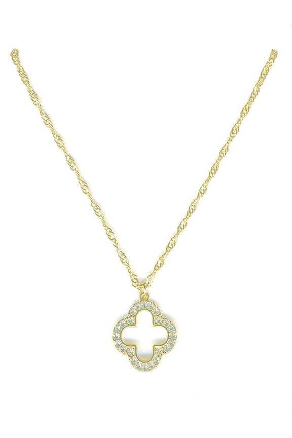 Gold Plated Clover Pave Stones Pendant Necklace with Lobster Clasp