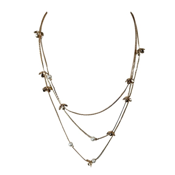 Time and Tru Gold Plated Flower with Pearls 3 Strand Necklace for Female Adults and Teens