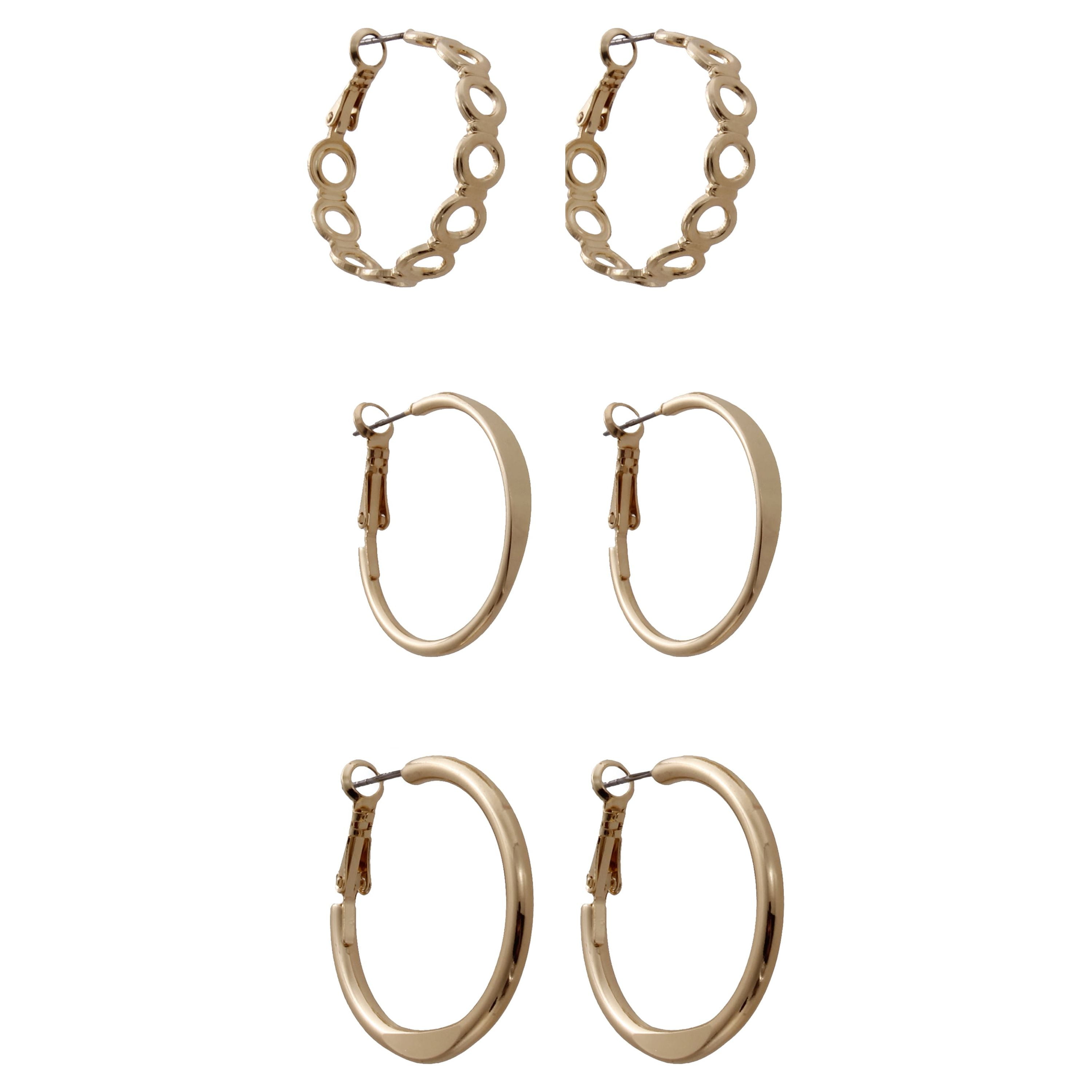 Time and Tru Gold Tone Hoop Earring Set, Earrings, 1.25", 3 Per Pack