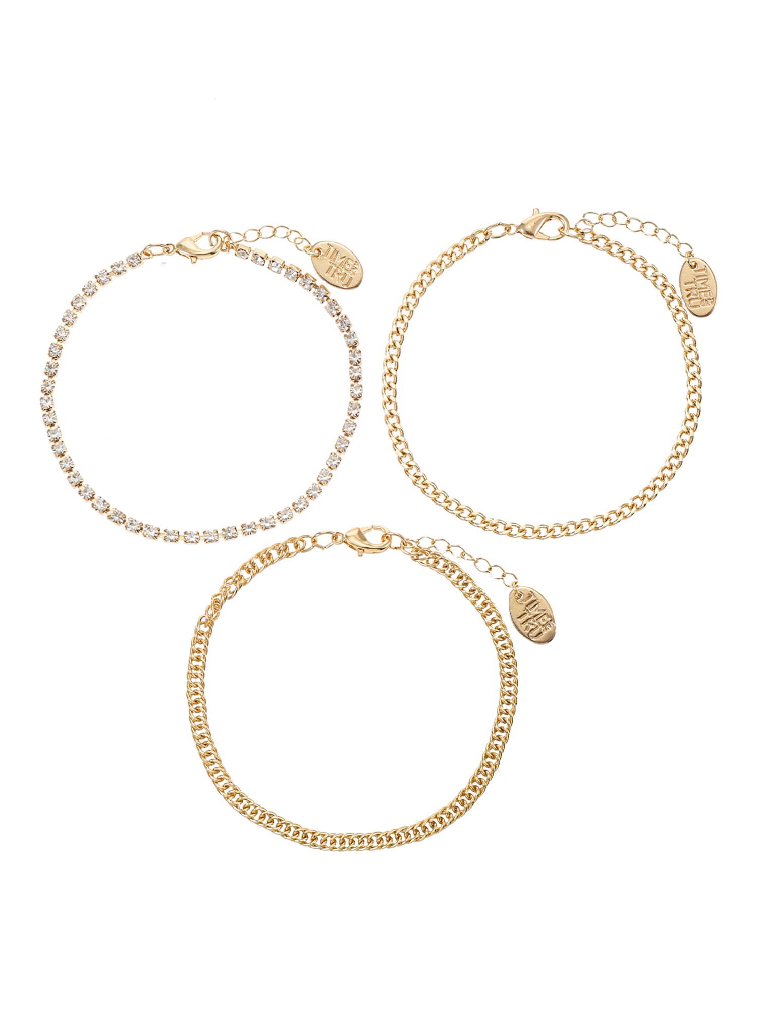 Time and Tru Gold Tone and Cubic Zirconia Link and Tennis Bracelet Set, Gold Tone, 7.5, 3-Piece
