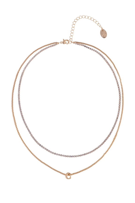 Goldtone 2-Row Rhinestone and Initial "C" Necklace