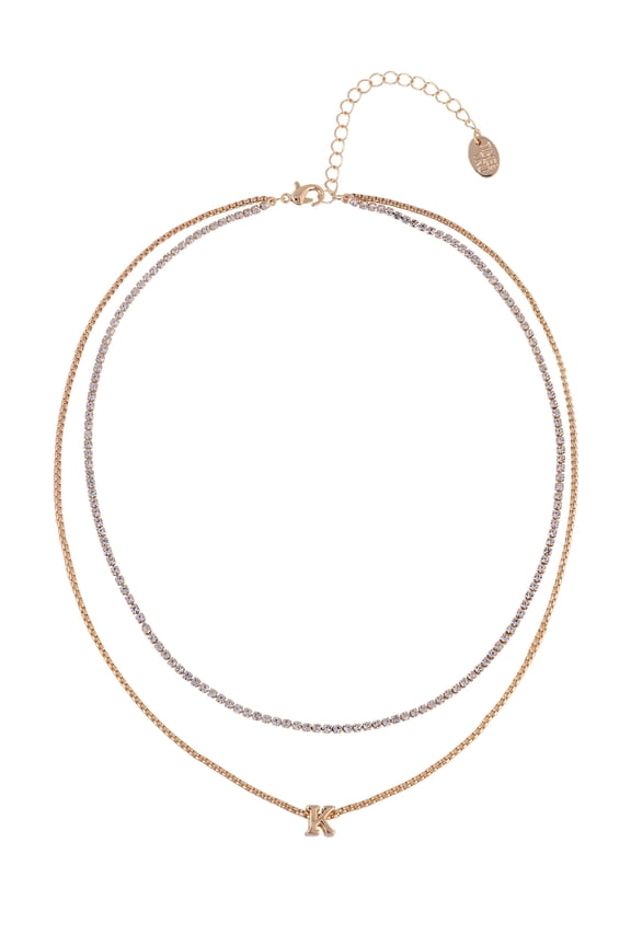 Goldtone 2-Row Rhinestone and Initial "K" Necklace
